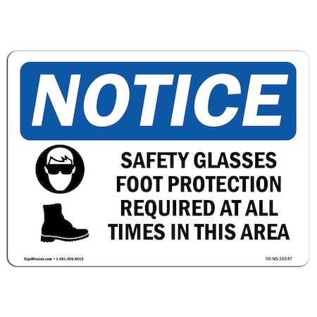 Signmission OSHA Sign, Safety Glasses & Foot Protection With Symbol, 24in X 18in Decal, 24" W, 18" H, Landscape OS-NS-D-1824-L-18147